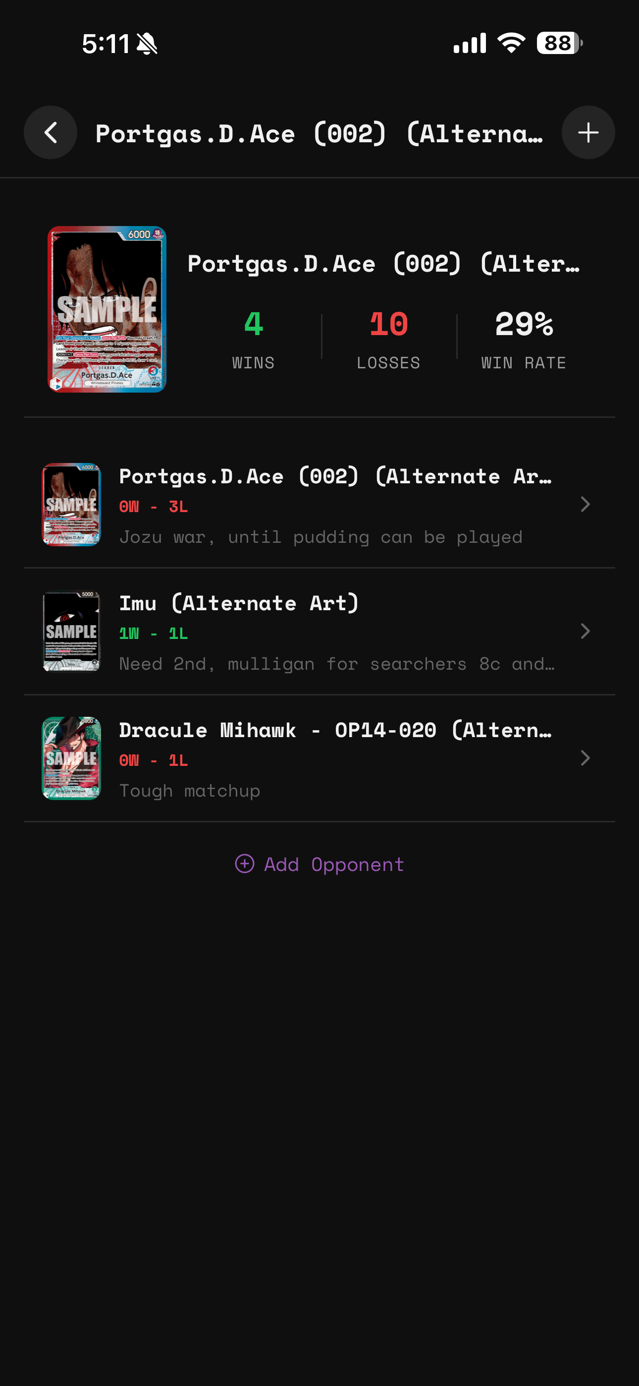 Matchup notes screen